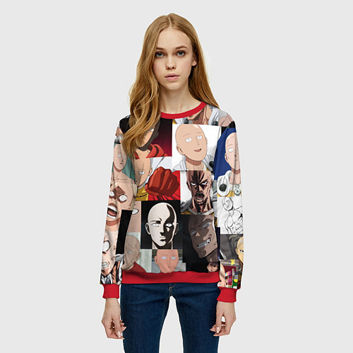 Женский свитшот Saitama - many faces / 3D-Красный – фото 3