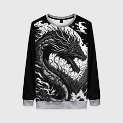 Женский свитшот Черно-белый дракон и волны