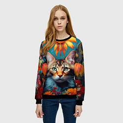 Свитшот женский Дикая кошка в цветах, цвет: 3D-черный — фото 2