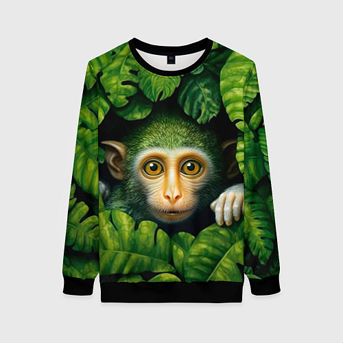 Женский свитшот Маленькая обезьянка в листьях / 3D-Черный – фото 1