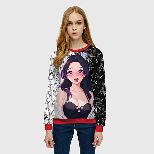 Женский свитшот Шинобу Кочо ахегао - Клинок демонов / 3D-Красный – фото 3