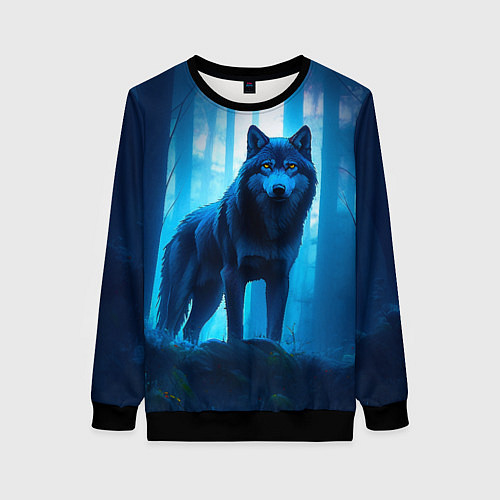 Женский свитшот Волк в ночном лесу / 3D-Черный – фото 1