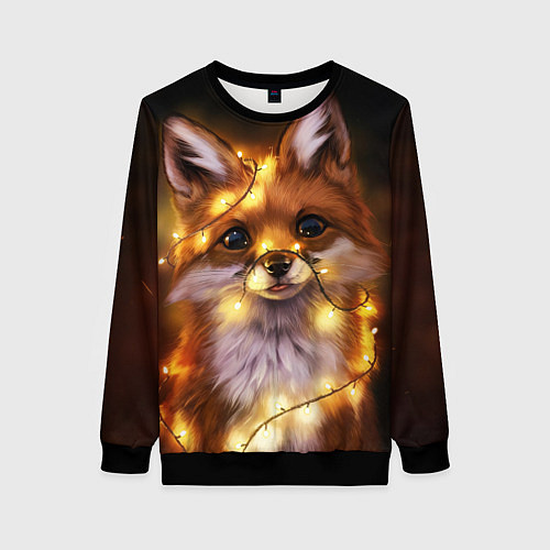 Женский свитшот Лисенок в гирлянде / 3D-Черный – фото 1