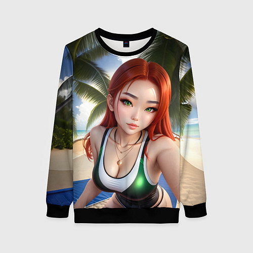 Женский свитшот Девушка с рыжими волосами на пляже / 3D-Черный – фото 1
