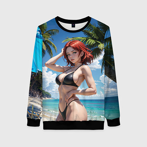 Женский свитшот Девушка с рыжими волосами на пляже / 3D-Черный – фото 1