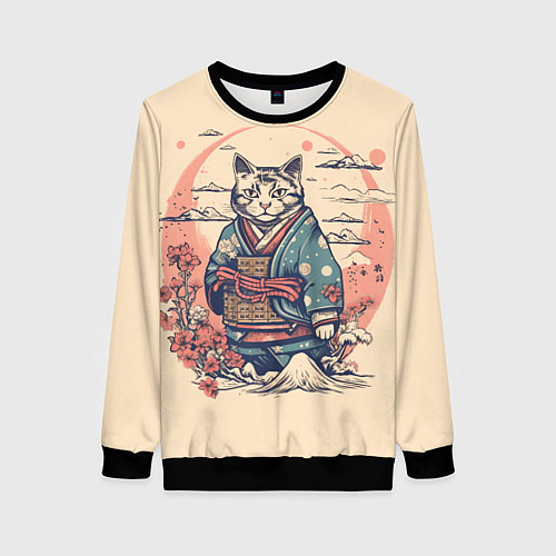 Женский свитшот Кот-самурай / 3D-Черный – фото 1