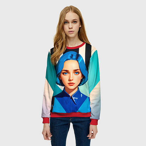 Женский свитшот Девушка в рубашке с синими волосами / 3D-Красный – фото 3