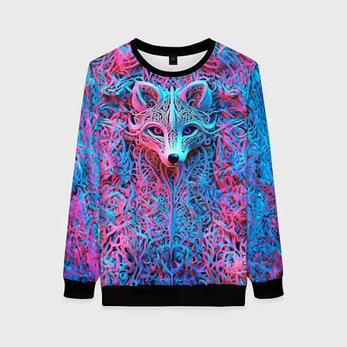 Женский свитшот Лис из розово-голубых узоров / 3D-Черный – фото 1