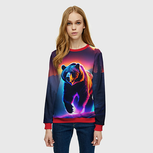 Женский свитшот Люминесцентный медведь гризли / 3D-Красный – фото 3