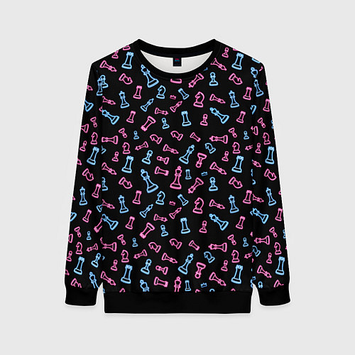 Женский свитшот Неоновые розовые и голубые шахматные фигуры на чер / 3D-Черный – фото 1