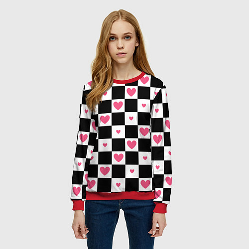 Женский свитшот Розовые сердечки на фоне шахматной черно-белой дос / 3D-Красный – фото 3
