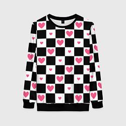 Свитшот женский Розовые сердечки на фоне шахматной черно-белой дос, цвет: 3D-черный