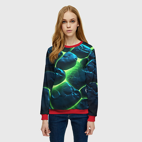 Женский свитшот Разлом зеленых плит с неоном / 3D-Красный – фото 3