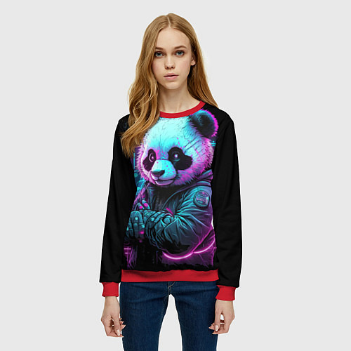 Женский свитшот Панда в неоновом свете / 3D-Красный – фото 3