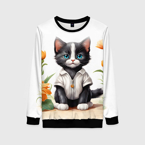 Женский свитшот Котенок на цветочной поляне / 3D-Черный – фото 1