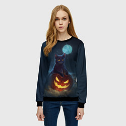 Свитшот женский Кот с тыквой - хэллоуин, цвет: 3D-черный — фото 2
