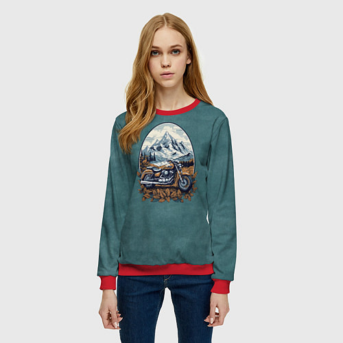 Женский свитшот Ретро мотоцикл на фоне гор / 3D-Красный – фото 3
