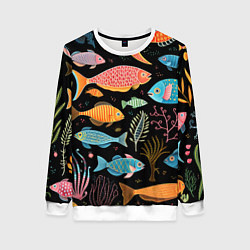 Свитшот женский Фолк-арт рыбовы, цвет: 3D-белый