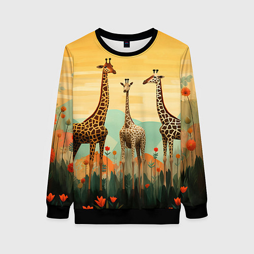 Женский свитшот Три жирафа в стиле фолк-арт / 3D-Черный – фото 1
