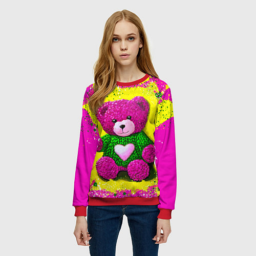 Женский свитшот Розовый мишка в вязаном свитере / 3D-Красный – фото 3