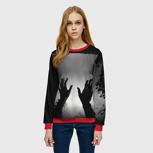 Женский свитшот Руки зомби в ночном тумане / 3D-Красный – фото 3