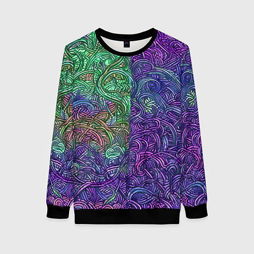 Женский свитшот Вьющийся узор фиолетовый и зелёный / 3D-Черный – фото 1
