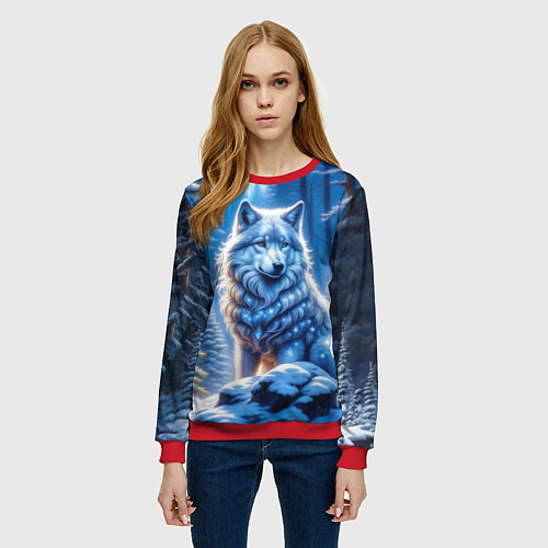 Женский свитшот Волк в зимнем ночном лесу / 3D-Красный – фото 3