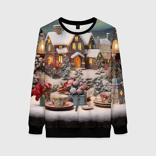 Женский свитшот Объемные новогодние домики / 3D-Черный – фото 1