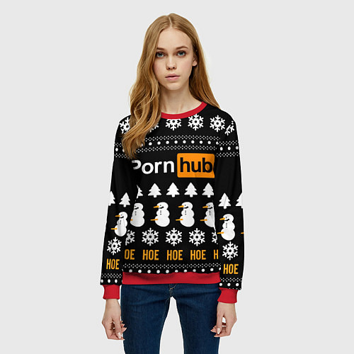 Женский свитшот Порнхаб - новогодний паттерн / 3D-Красный – фото 3