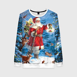 Свитшот женский Дед Мороз в лесу с животными, цвет: 3D-белый