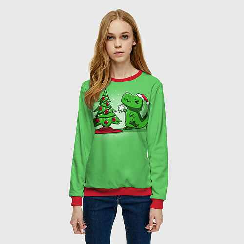 Женский свитшот Новогодняя проблема тираннозавра рекса / 3D-Красный – фото 3