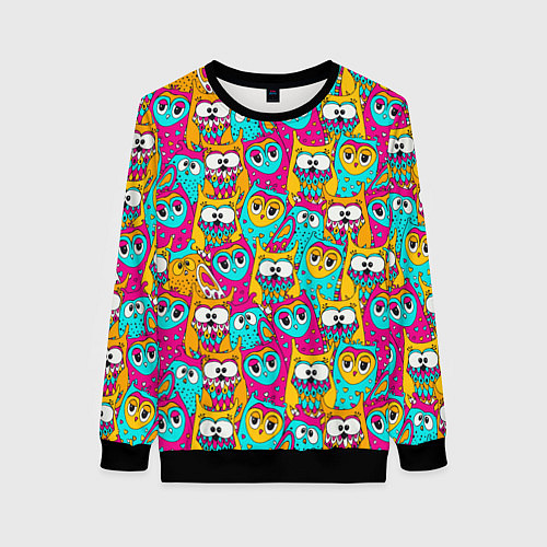 Женский свитшот Разноцветные совы / 3D-Черный – фото 1