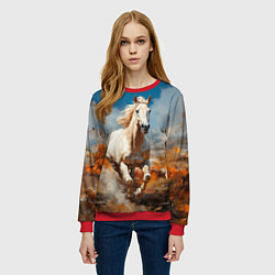 Свитшот женский Белая лошадь скачет в поле, цвет: 3D-красный — фото 2