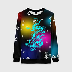 Свитшот женский Праздничный дракон и снежинки, цвет: 3D-черный
