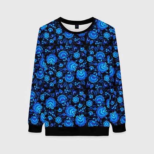 Женский свитшот Новогодняя гжельская роспись чёрный фон / 3D-Черный – фото 1