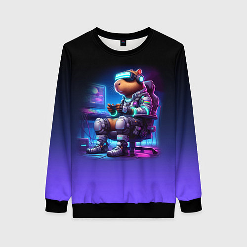 Женский свитшот Капибара в виртуальном шлеме - киберпанк / 3D-Черный – фото 1