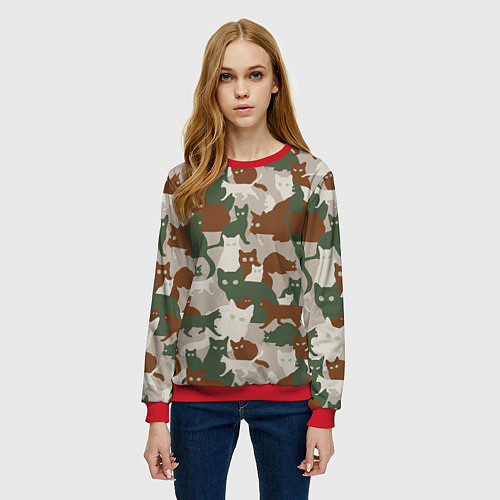 Женский свитшот Кошки - камуфляж / 3D-Красный – фото 3
