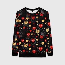 Свитшот женский Паттерн с сердечками и котами валентинка, цвет: 3D-черный