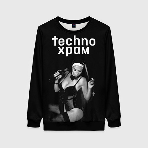 Женский свитшот Techno храм монашка с бутылкой / 3D-Черный – фото 1