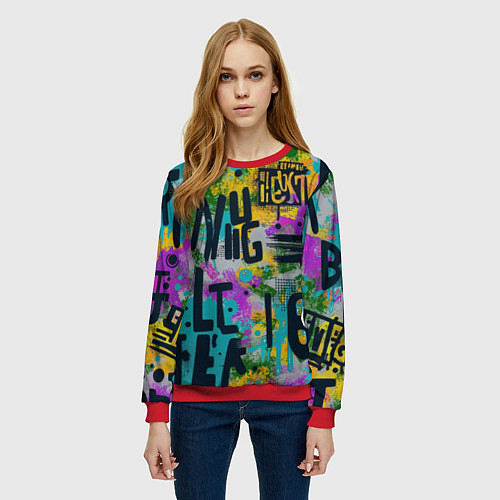 Женский свитшот Загадочный абстрактный текст на ярком фоне / 3D-Красный – фото 3