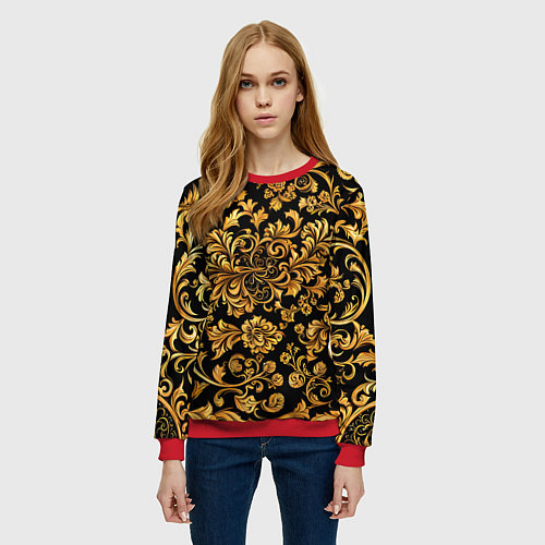 Женский свитшот Желтые узоры хохломские / 3D-Красный – фото 3