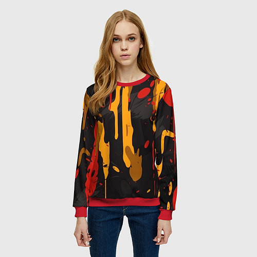 Женский свитшот Красные желтые оранжевые пятна краски абстракция / 3D-Красный – фото 3