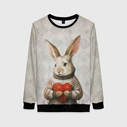 Свитшот женский Влюблённый кролик в свитере с сердцем, цвет: 3D-черный