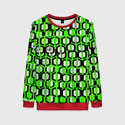 Свитшот женский Техно узор из шестиугольников зелёный, цвет: 3D-красный