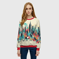 Свитшот женский Силуэты людей и небоскребов в брызгах краски, цвет: 3D-красный — фото 2