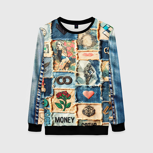 Женский свитшот Баксы и девушки на дениме - пэчворк / 3D-Черный – фото 1