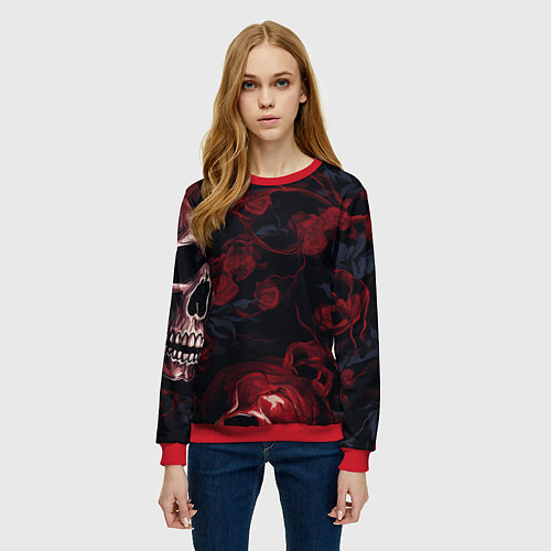 Женский свитшот Черепа и алые розы / 3D-Красный – фото 3