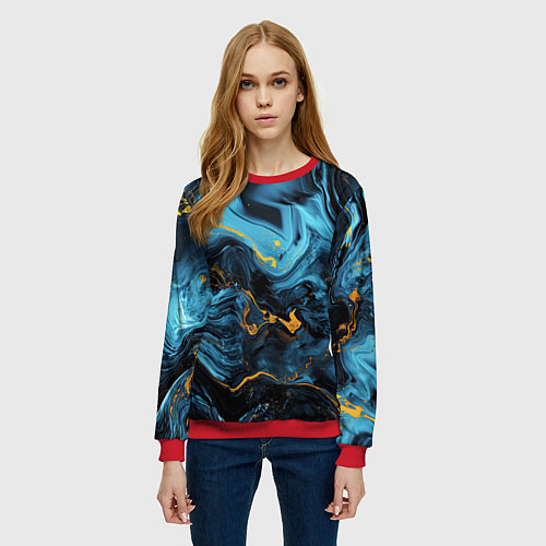 Женский свитшот Синяя абстракция с золотым напылением / 3D-Красный – фото 3