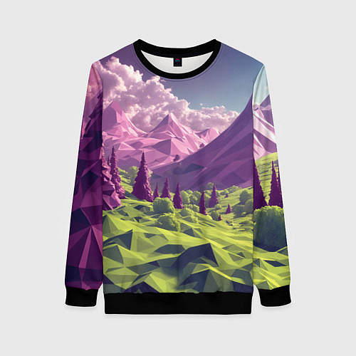 Женский свитшот Геометрический зеленый пейзаж и фиолетовые горы / 3D-Черный – фото 1