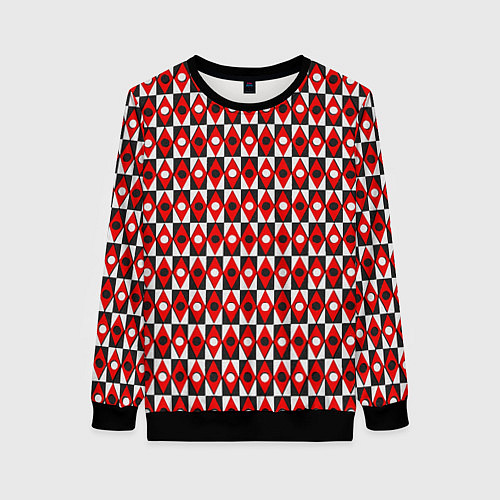 Женский свитшот Чёрно-белые ромбы и круги на красном фоне / 3D-Черный – фото 1